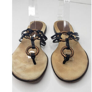 Isabella Fiore Leather Ring Thong Flip Flop Flats Black Bronze Strappy Sandals 6